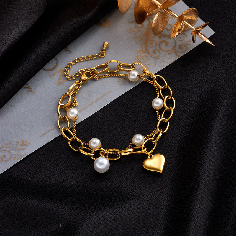 Golden Heart and Pearl Charm Bracelet