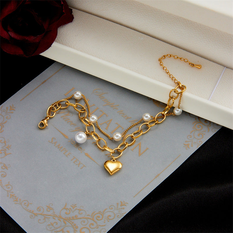 Golden Heart and Pearl Charm Bracelet