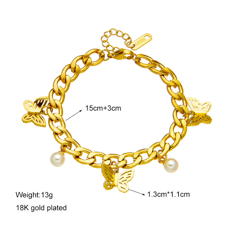 Golden Pearl Butterfly Charm Bracelet