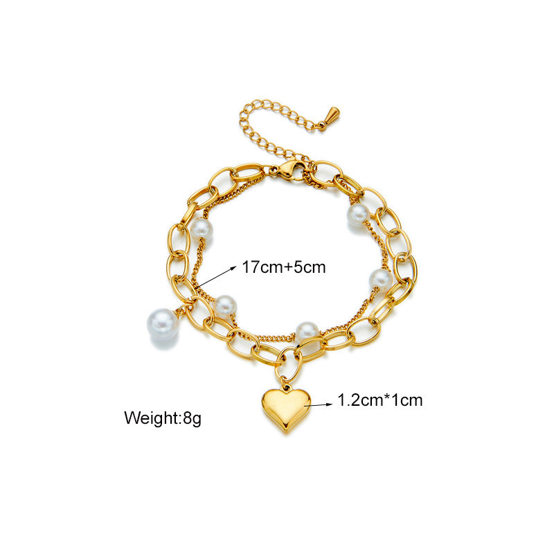 Golden Heart and Pearl Charm Bracelet