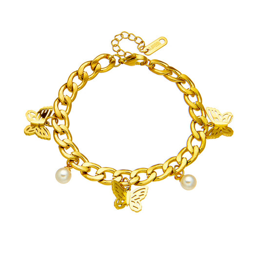 Golden Pearl Butterfly Charm Bracelet