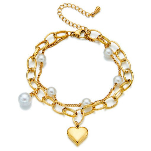 Golden Heart and Pearl Charm Bracelet