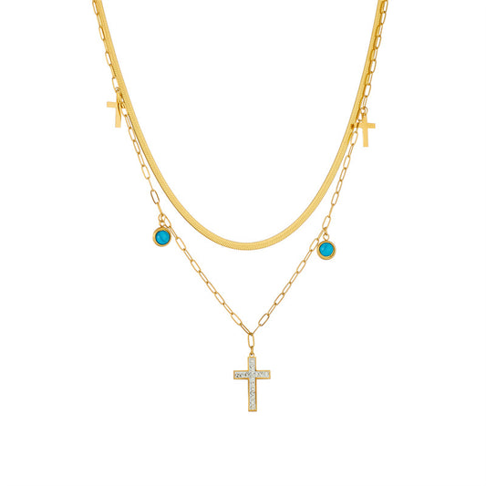 Layered Golden Cross and Turquoise Necklace