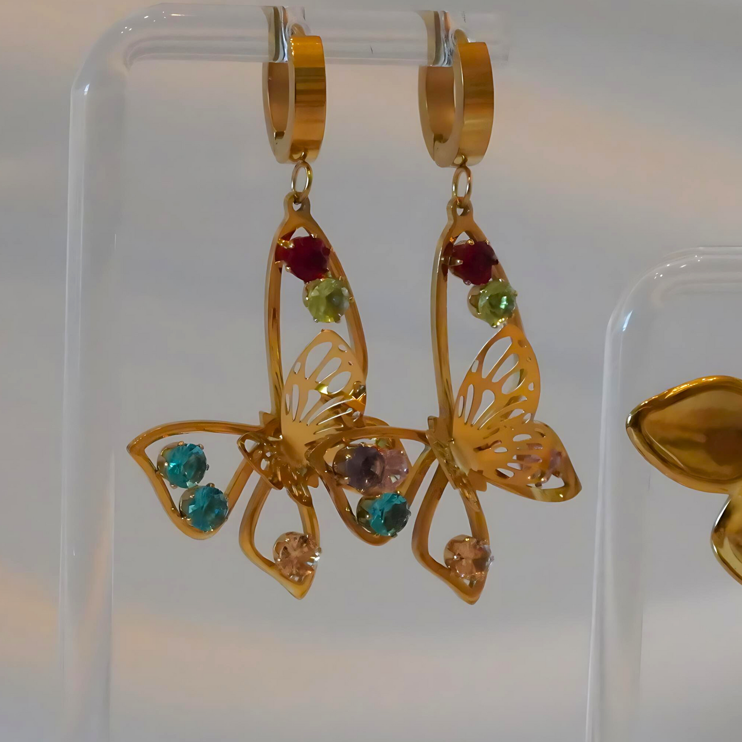 Gemstone Accented Butterfly Drop Earrings