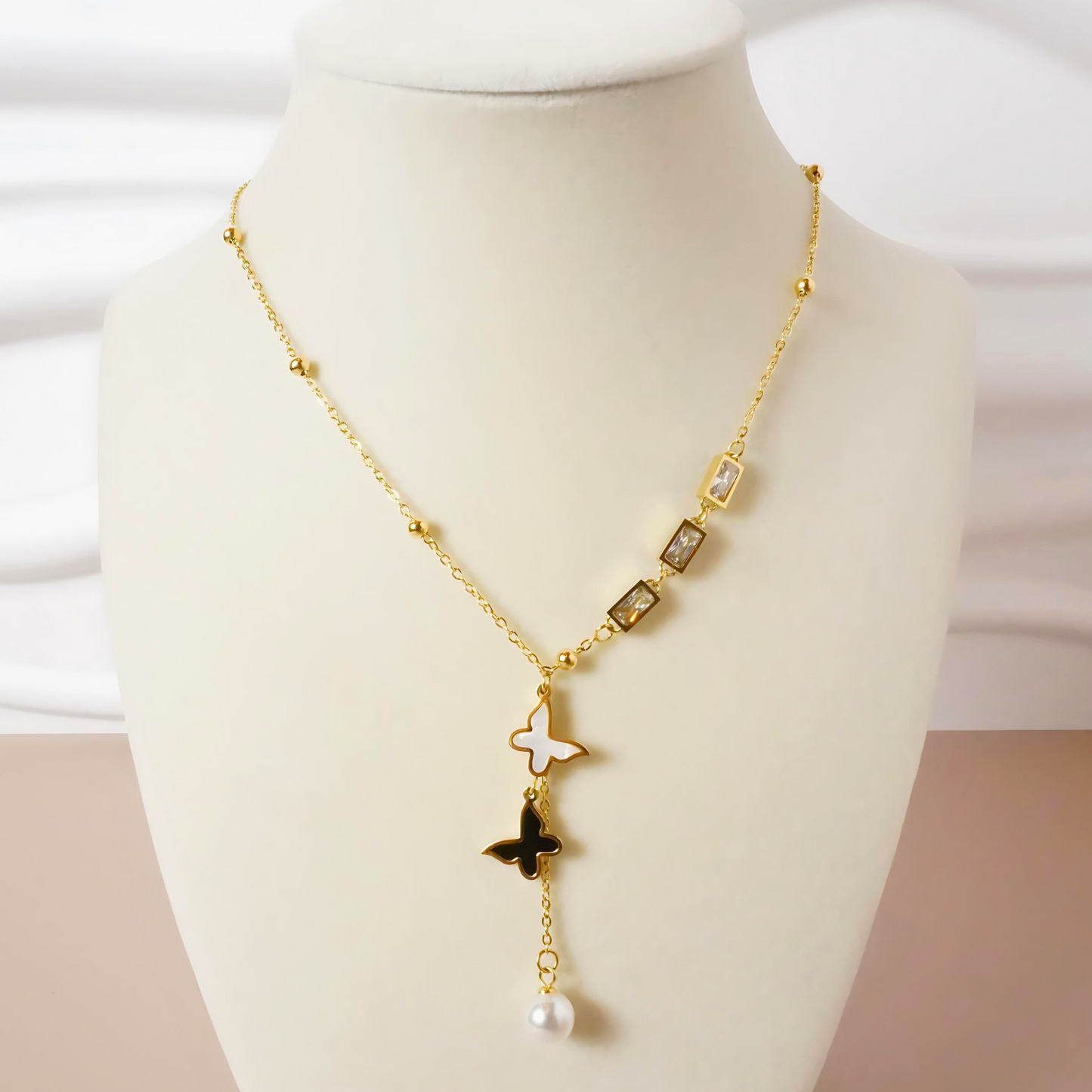 Golden Butterfly Lariat Necklace with Pearl Accent