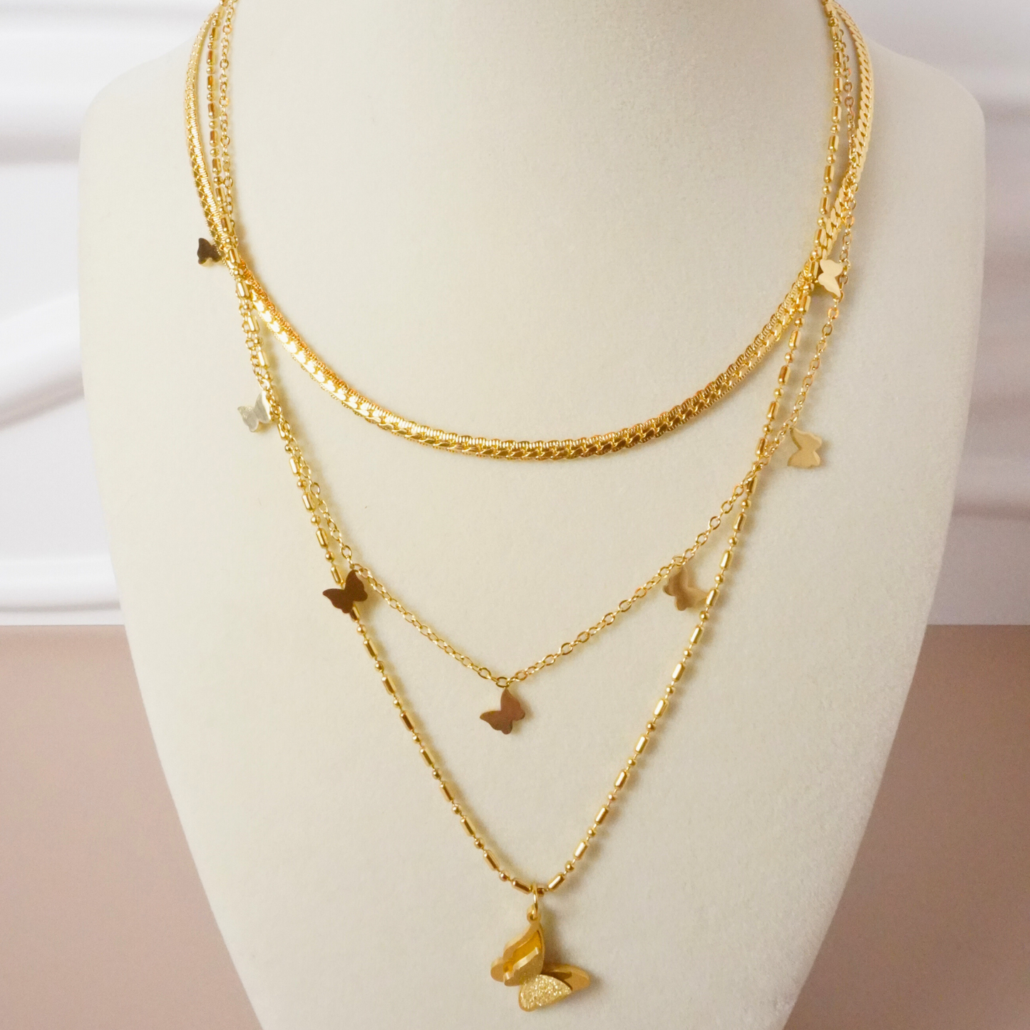 Golden Butterfly Trio Layered Necklace