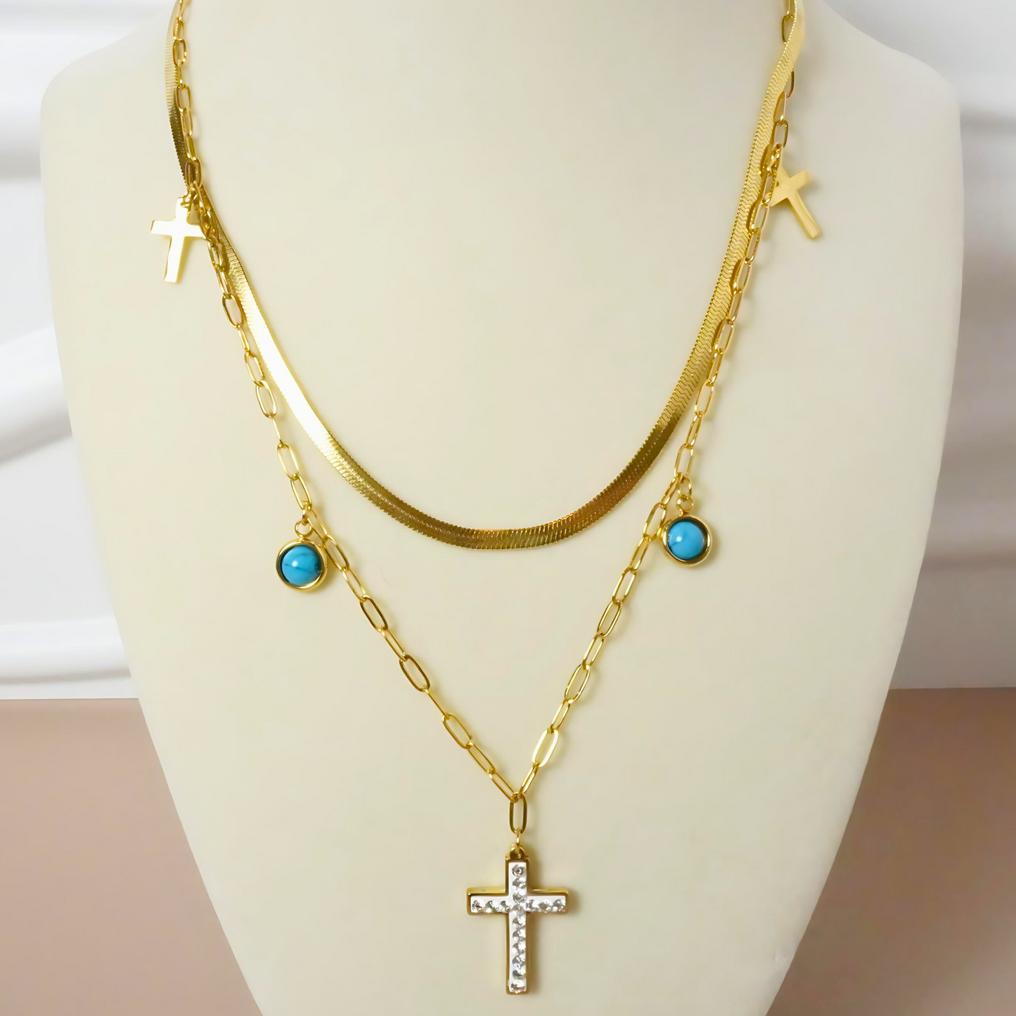 Layered Golden Cross and Turquoise Necklace