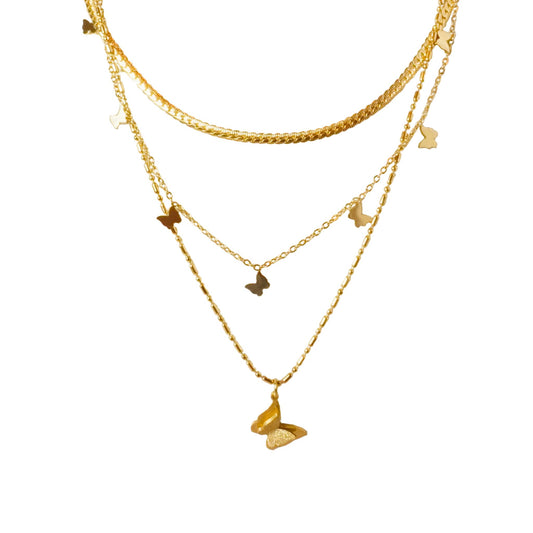 Golden Butterfly Trio Layered Necklace