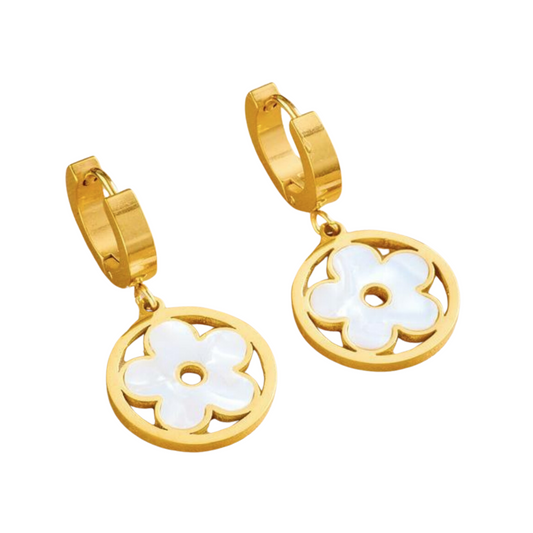 Gold Hoop Earrings with White Enamel Flower Charm