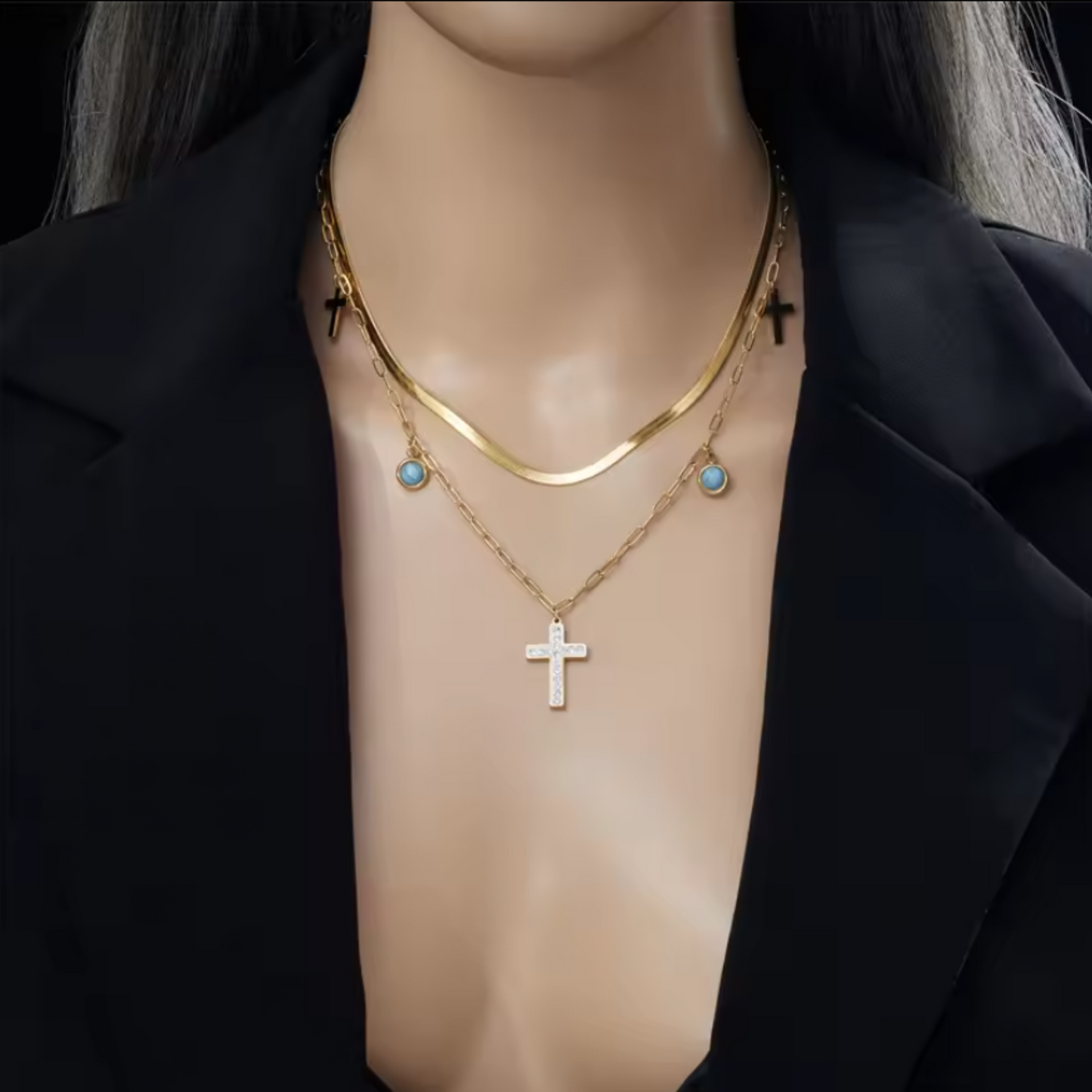 Layered Golden Cross and Turquoise Necklace