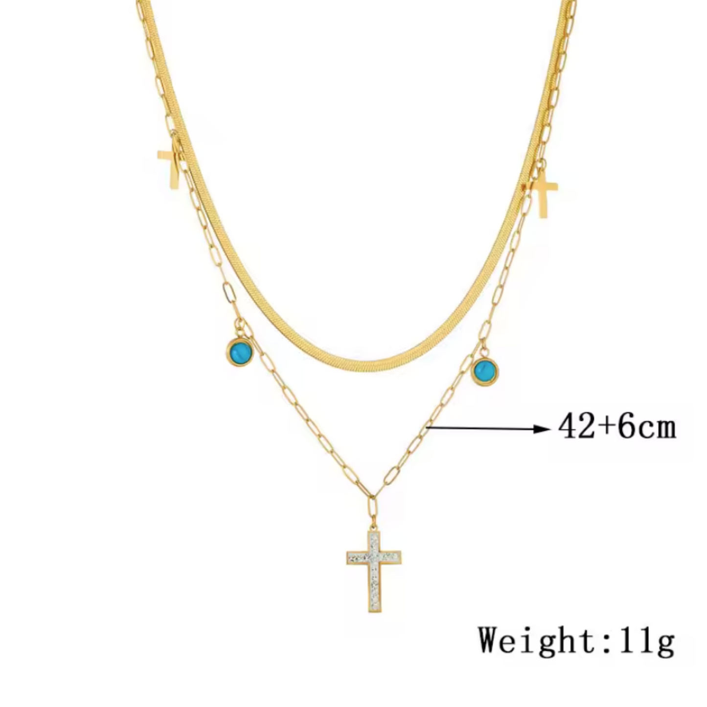 Layered Golden Cross and Turquoise Necklace