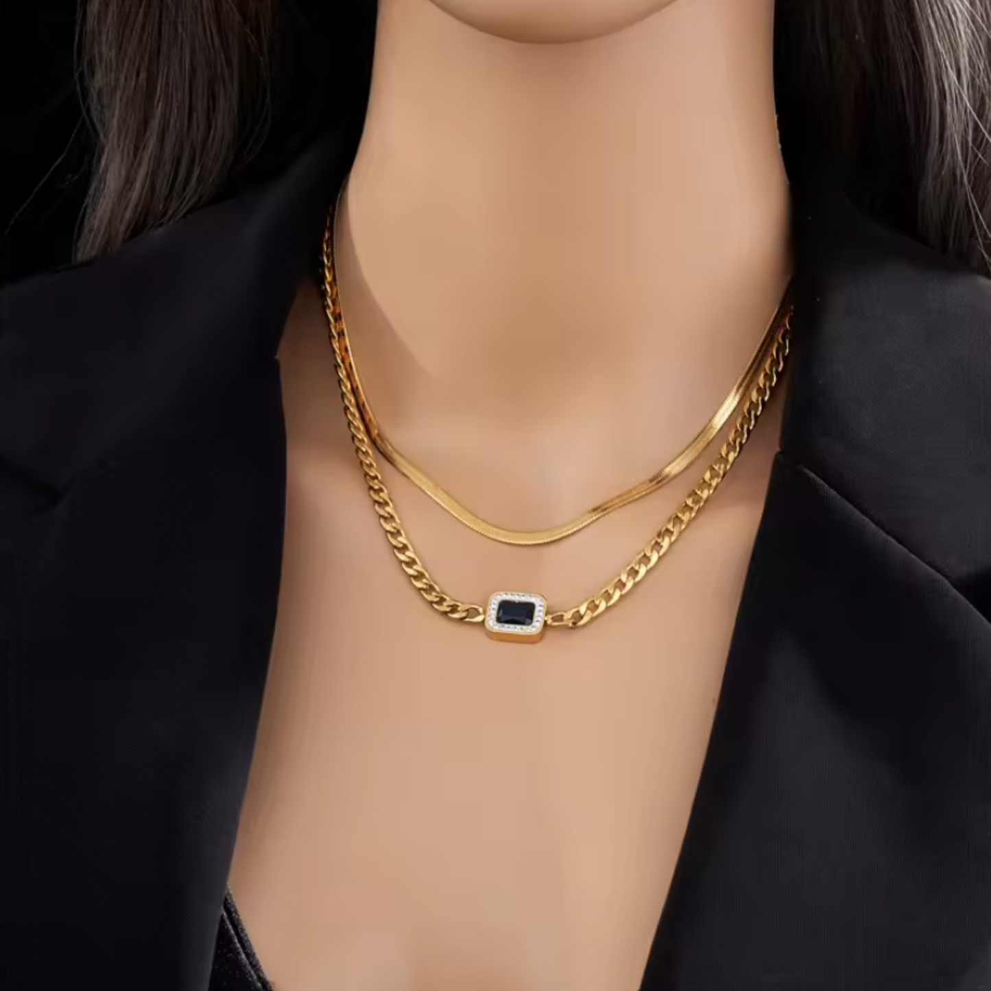 Gold Statement Necklace with Black Gem Pendant