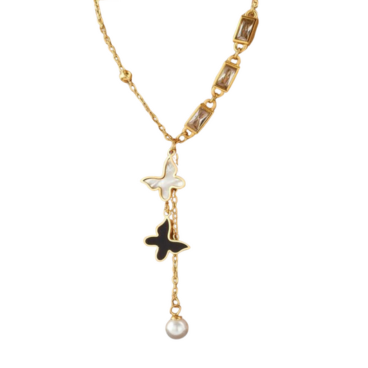 Golden Butterfly Lariat Necklace with Pearl Accent